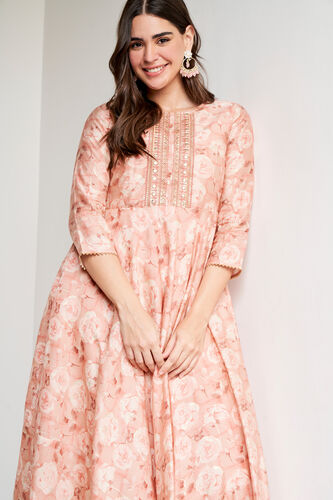 Peach Floral Flared Dress, Peach, image 4
